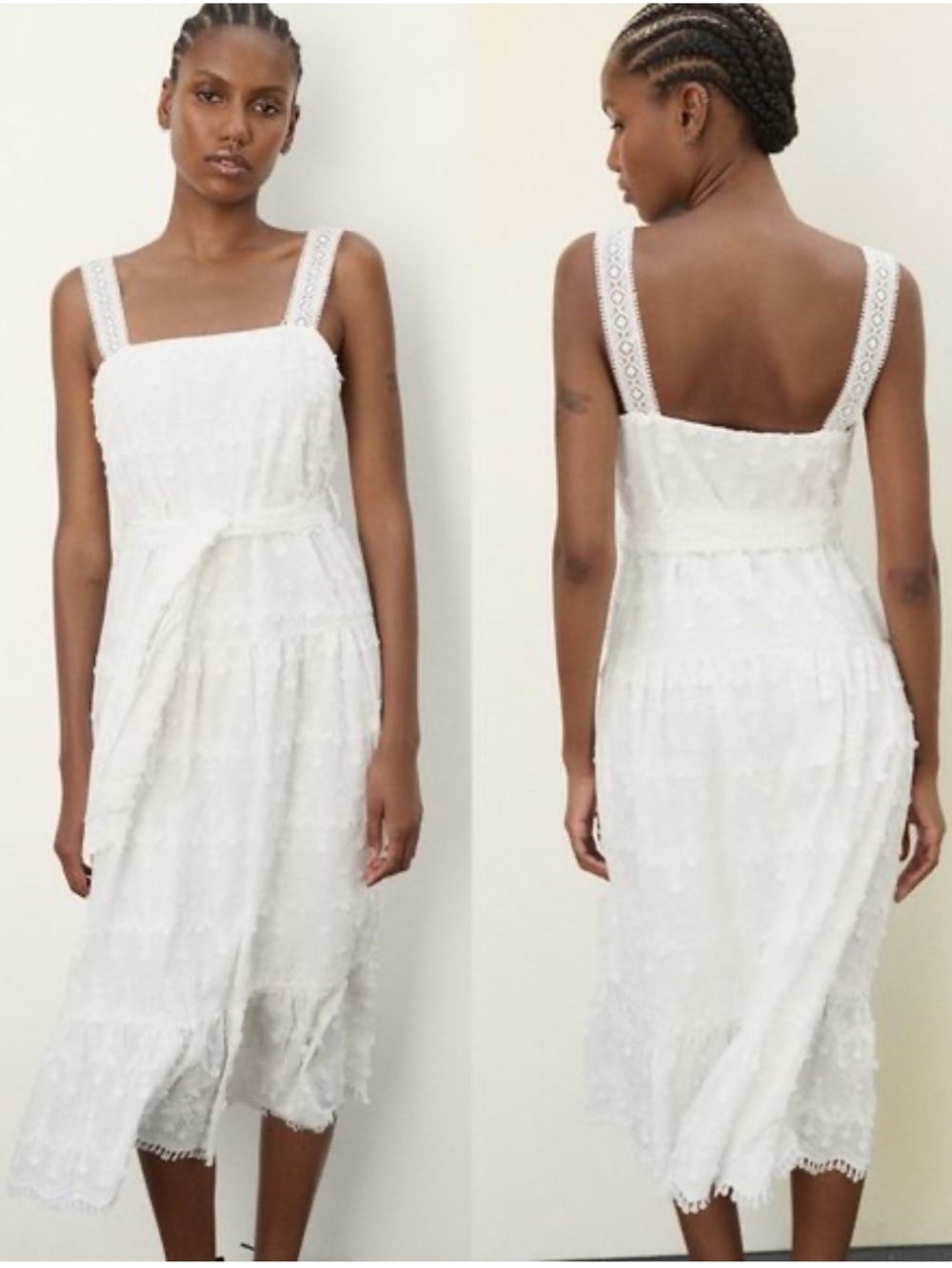 Zara White Textured Lace-Trim Midi Dress